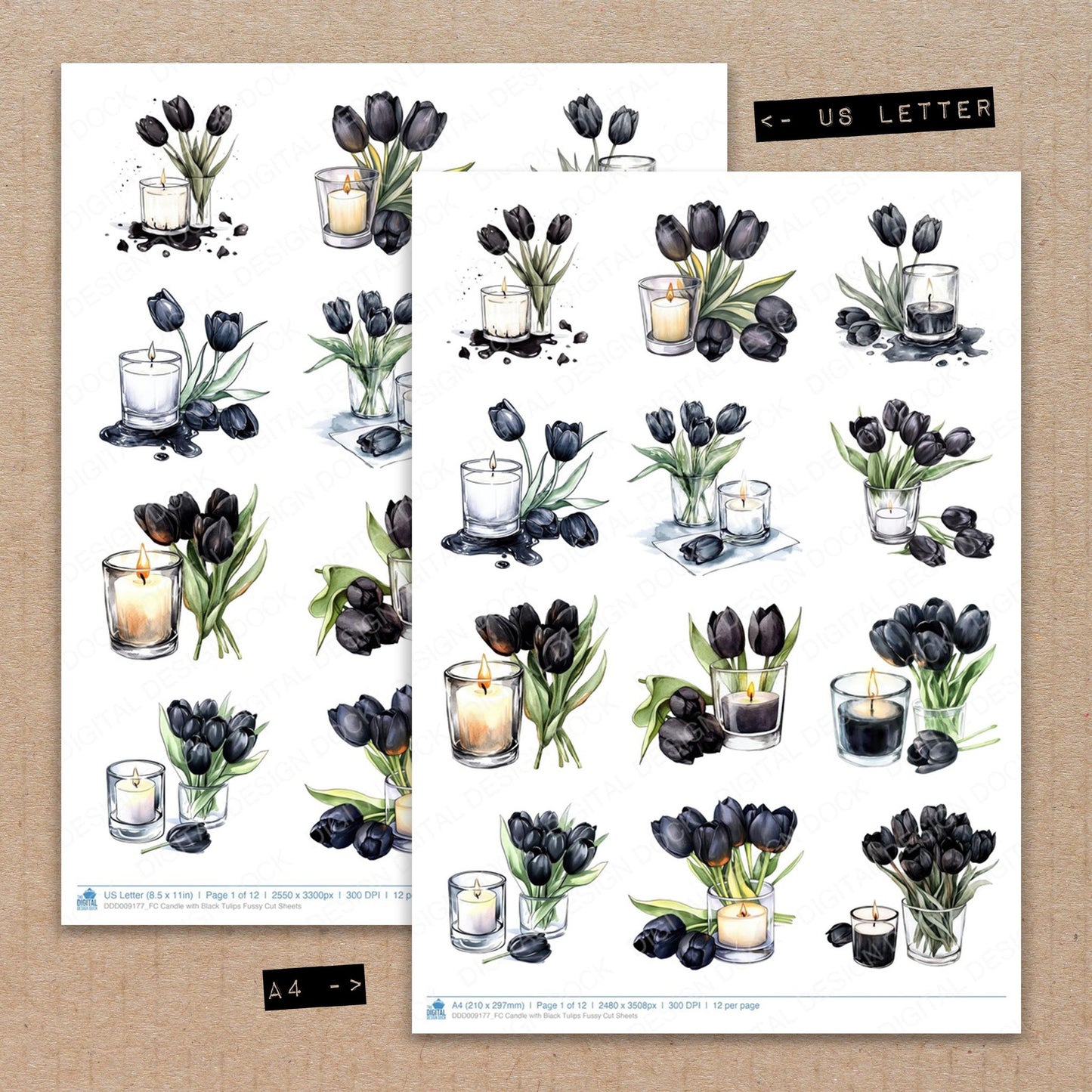 A4 and US Letter format comparison showing Candle with Black Tulips fussy cut pages for print and cut crafting