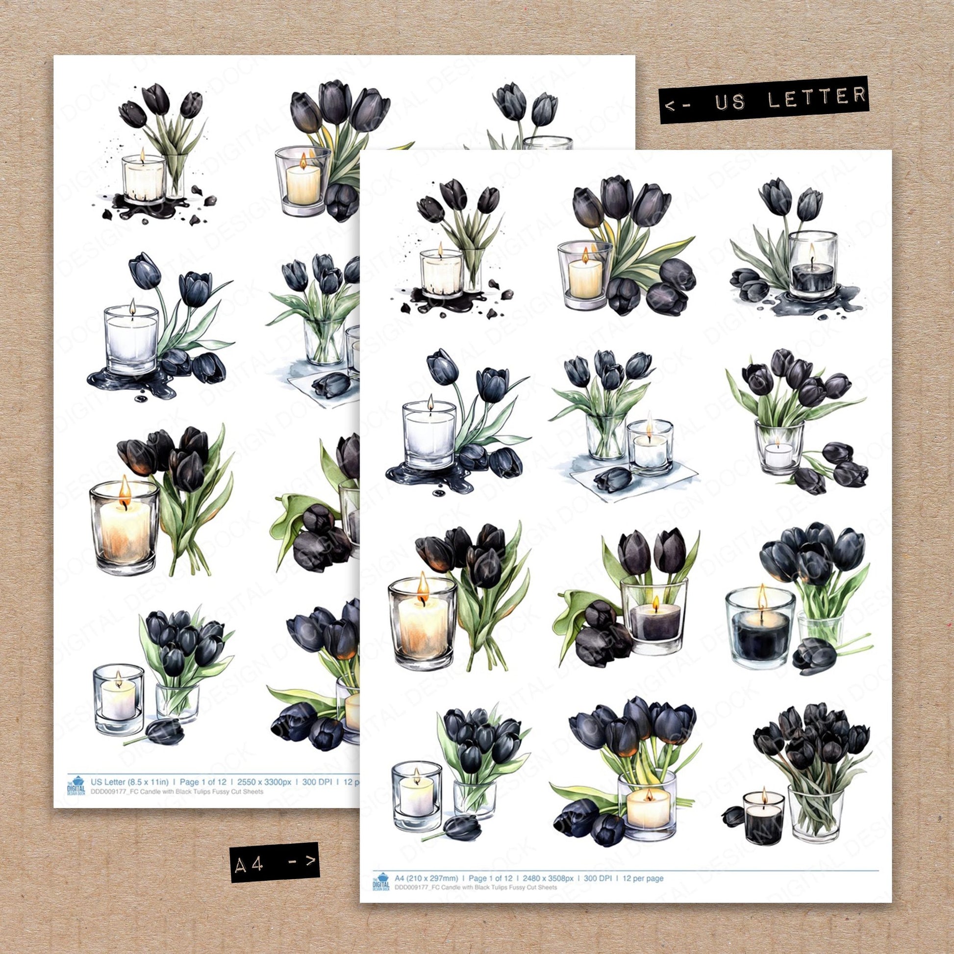 A4 and US Letter format comparison showing Candle with Black Tulips fussy cut pages for print and cut crafting