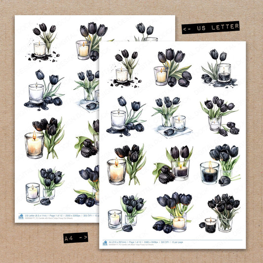 A4 and US Letter format comparison showing Candle with Black Tulips fussy cut pages for print and cut crafting