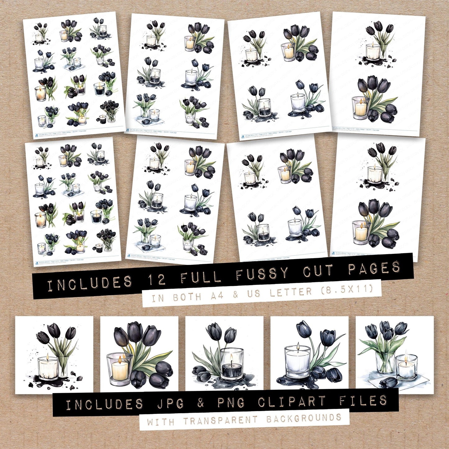 Full collection view of Candle with Black Tulips fussy cut sheets with bonus clipart JPG and PNG files
