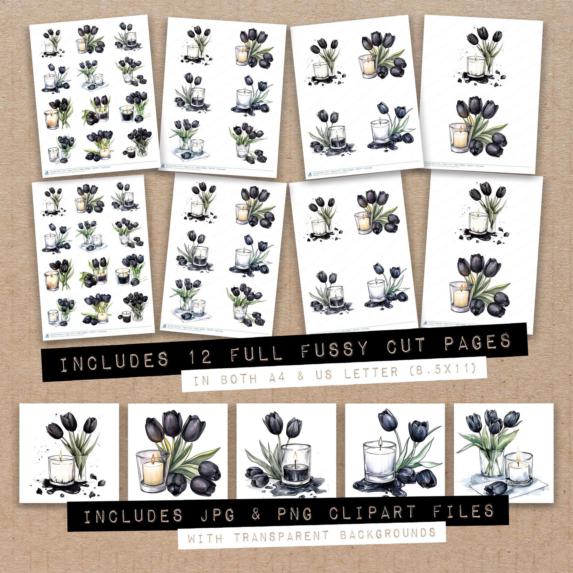 Full collection view of Candle with Black Tulips fussy cut sheets with bonus clipart JPG and PNG files