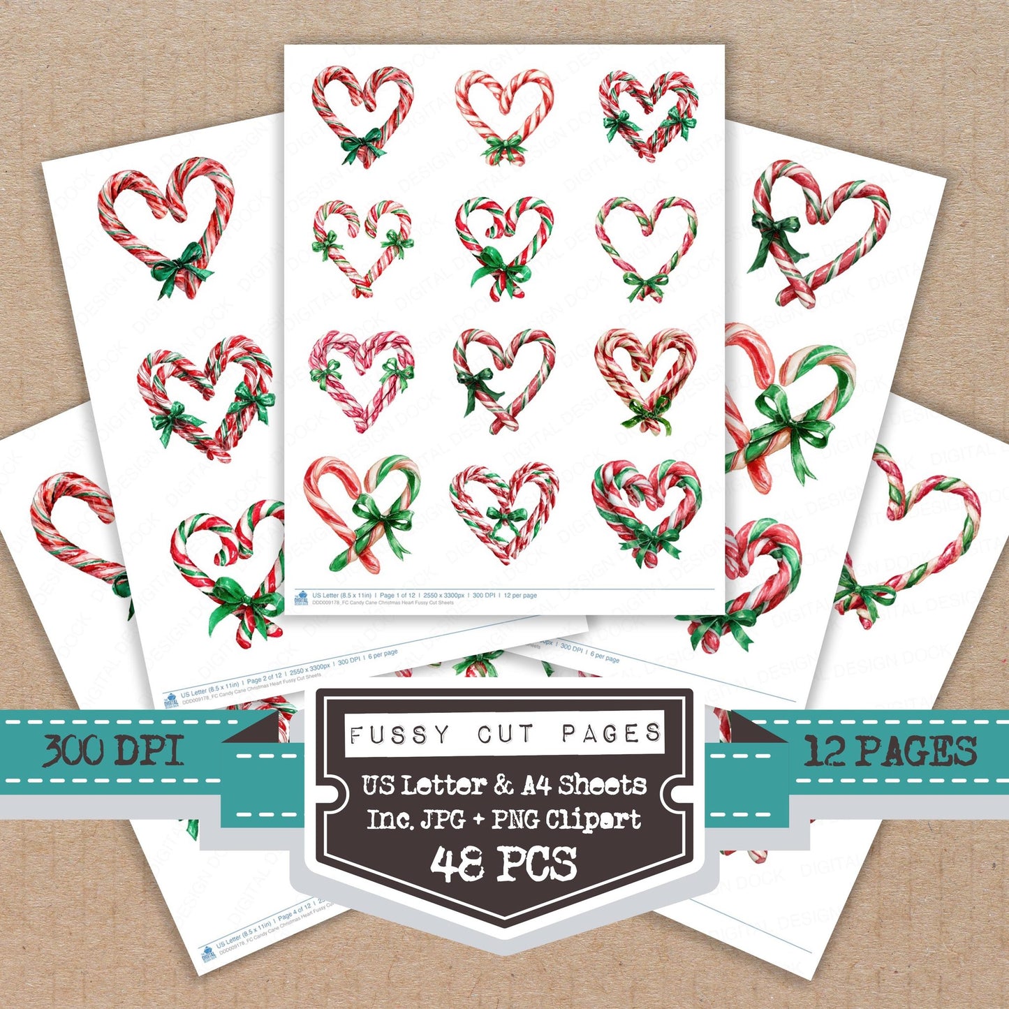 Candy Cane Christmas Heart fussy cut printable sheets for junk journaling, scrapbooking, and paper craft projects