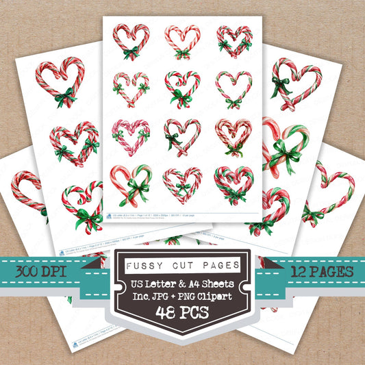 Candy Cane Christmas Heart fussy cut printable sheets for junk journaling, scrapbooking, and paper craft projects