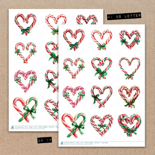 A4 and US Letter format comparison showing Candy Cane Christmas Heart fussy cut pages for print and cut crafting