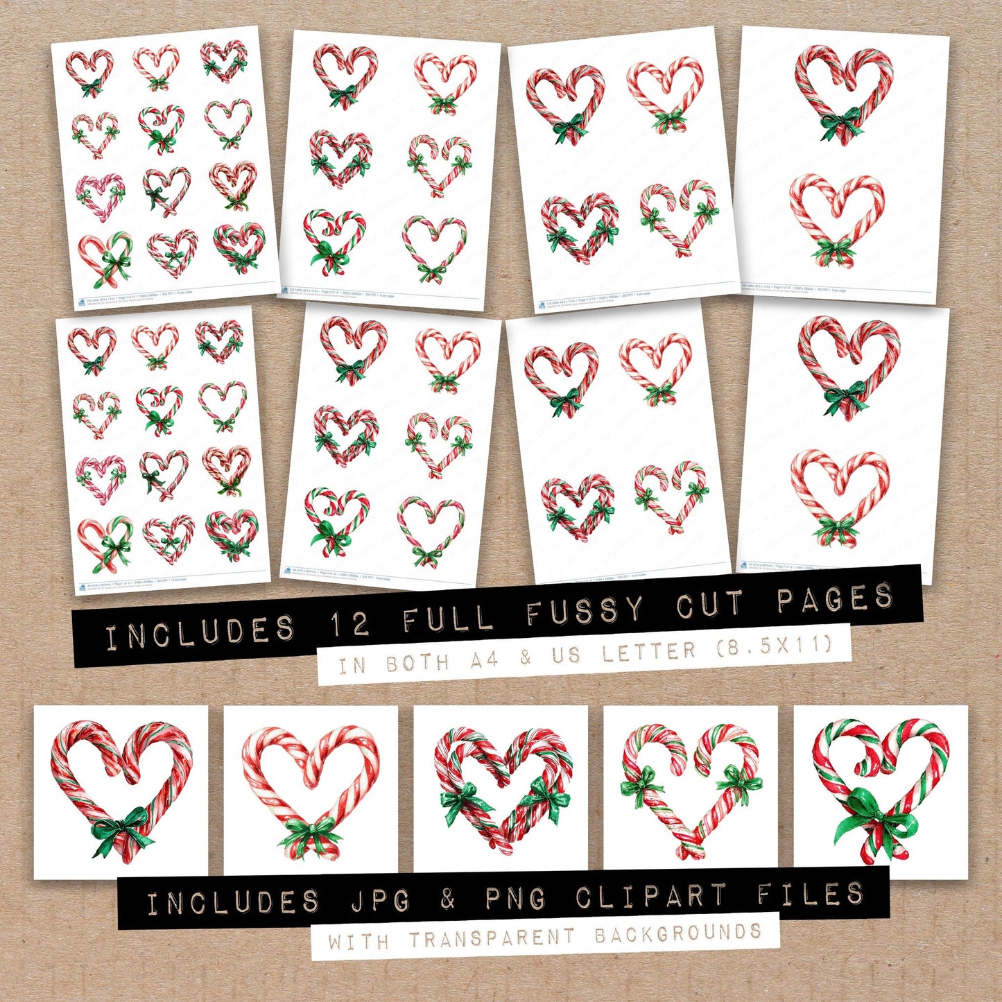 Full collection view of Candy Cane Christmas Heart fussy cut sheets with bonus clipart JPG and PNG files