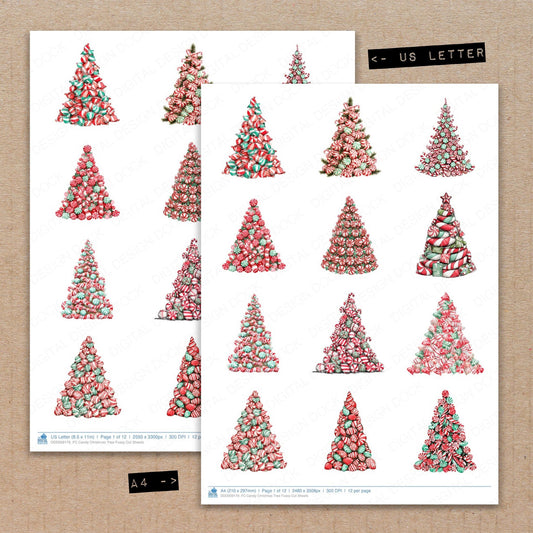 A4 and US Letter format comparison showing Candy Christmas Tree fussy cut pages for print and cut crafting