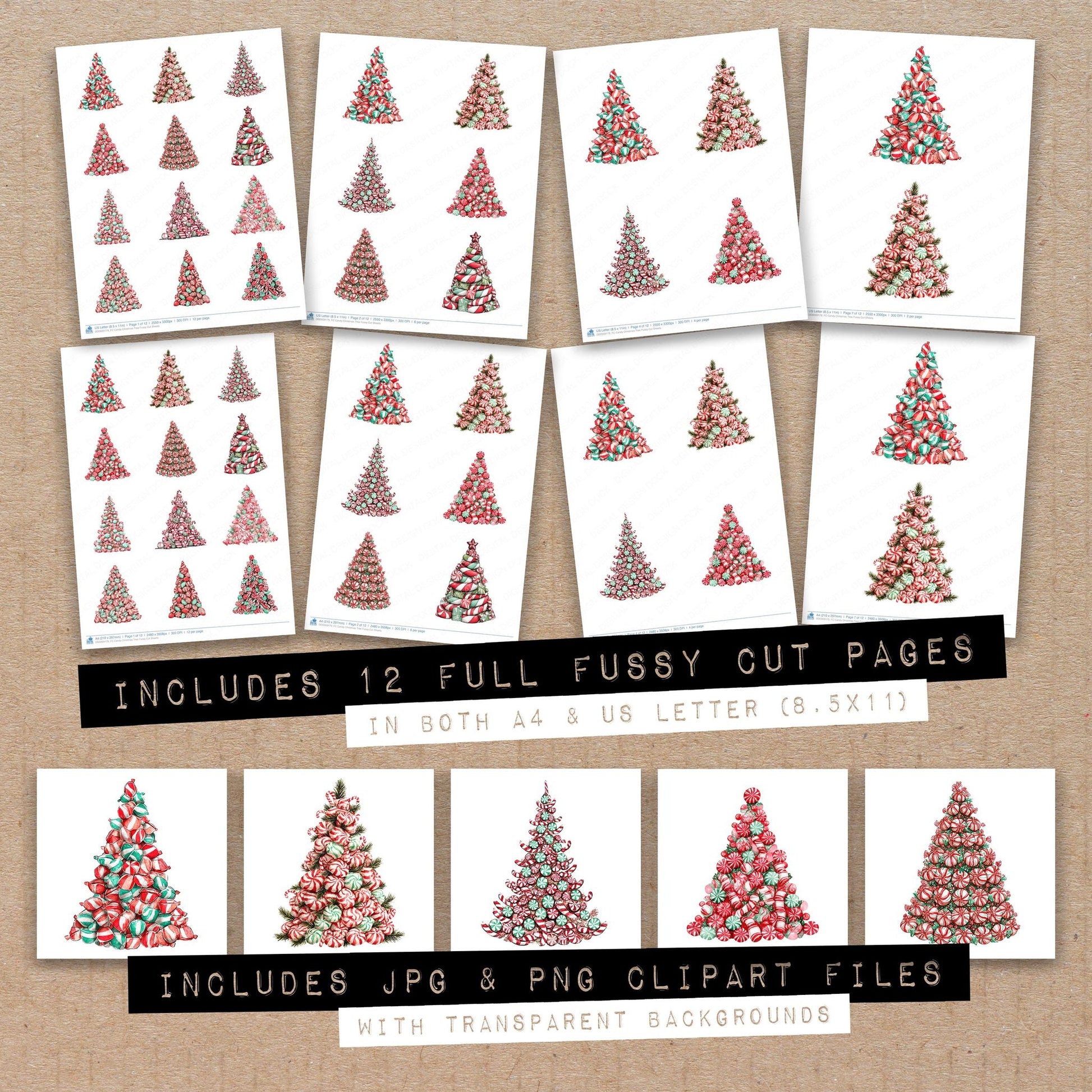 Full collection view of Candy Christmas Tree fussy cut sheets with bonus clipart JPG and PNG files