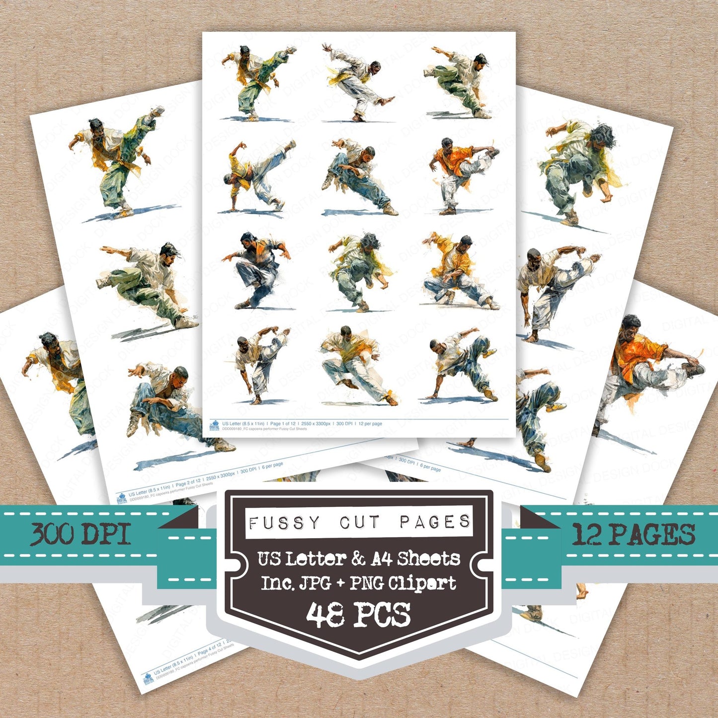 Capoeira performer fussy cut printable sheets for junk journaling, scrapbooking, and paper craft projects