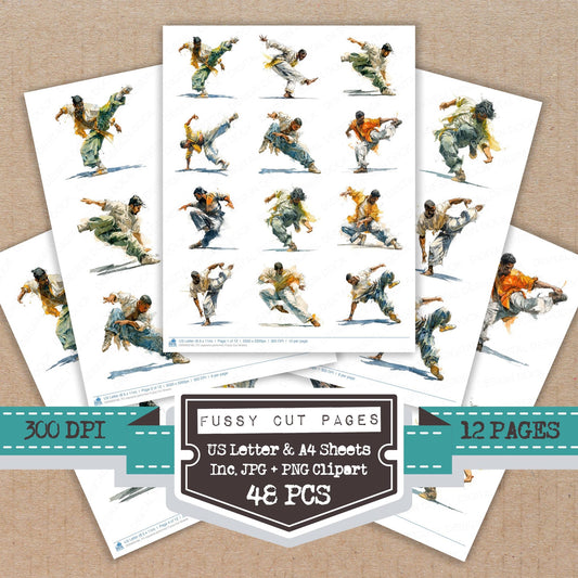 Capoeira performer fussy cut printable sheets for junk journaling, scrapbooking, and paper craft projects