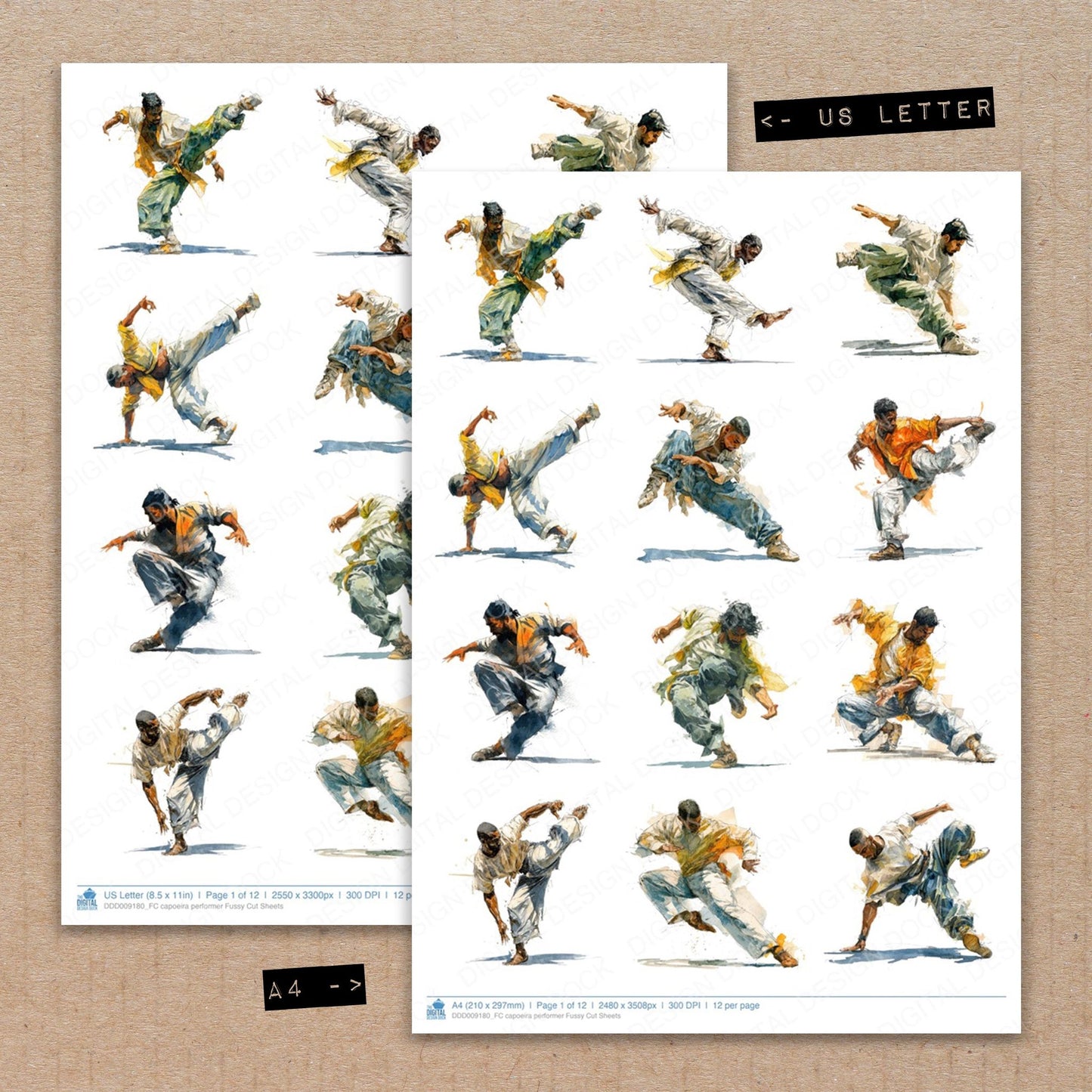 A4 and US Letter format comparison showing Capoeira performer fussy cut pages for print and cut crafting