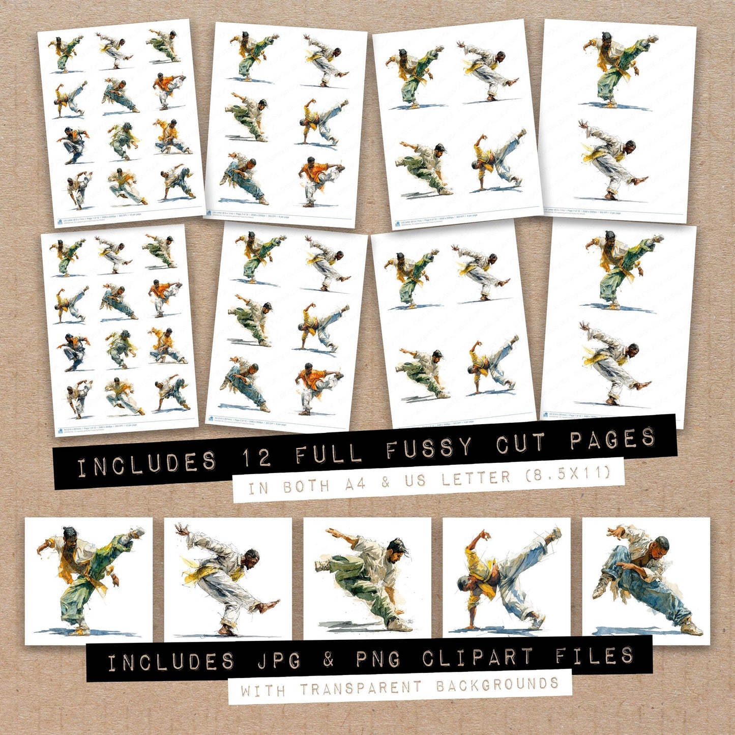 Full collection view of Capoeira performer fussy cut sheets with bonus clipart JPG and PNG files