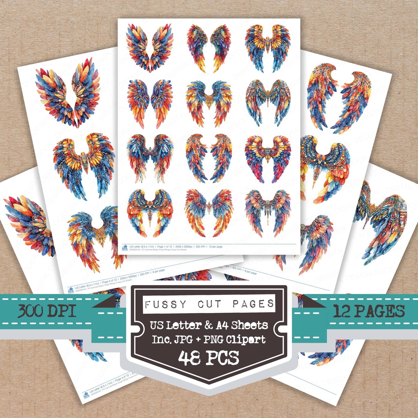 Carnival Bright Angel Wings fussy cut printable sheets for junk journaling, scrapbooking, and paper craft projects
