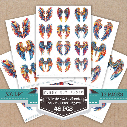 Carnival Bright Angel Wings fussy cut printable sheets for junk journaling, scrapbooking, and paper craft projects