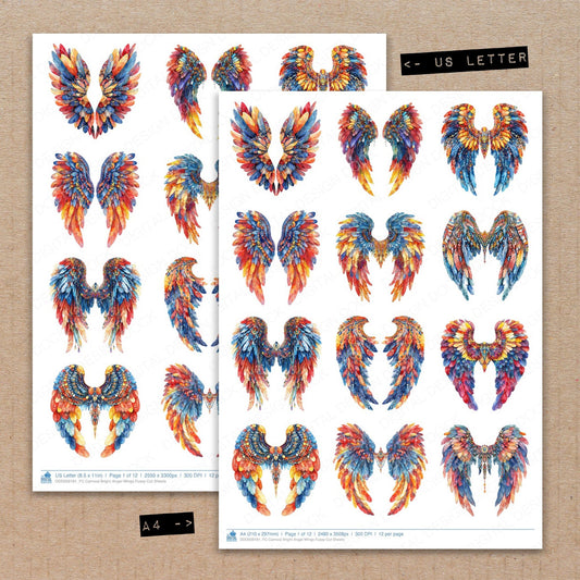 A4 and US Letter format comparison showing Carnival Bright Angel Wings fussy cut pages for print and cut crafting