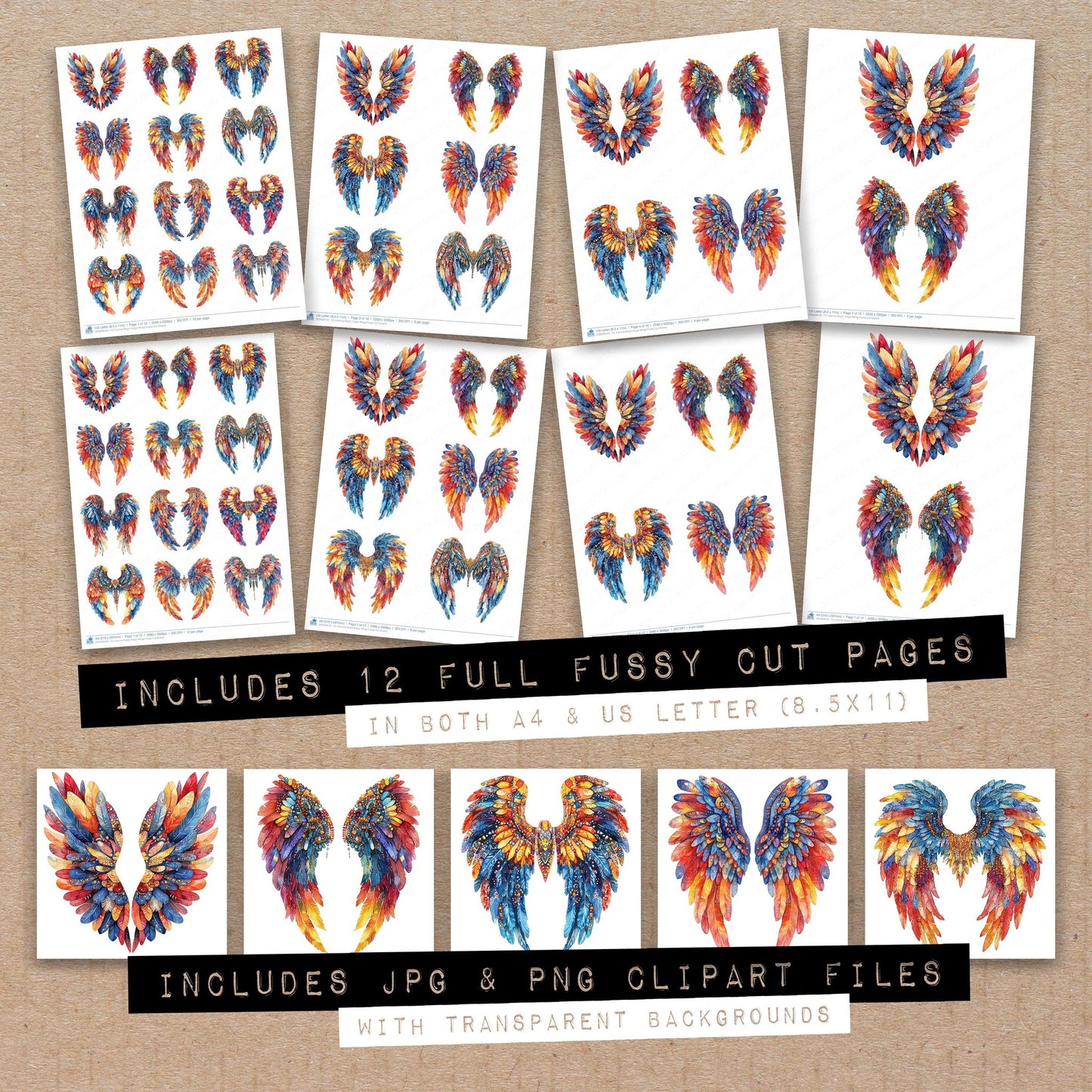 Full collection view of Carnival Bright Angel Wings fussy cut sheets with bonus clipart JPG and PNG files