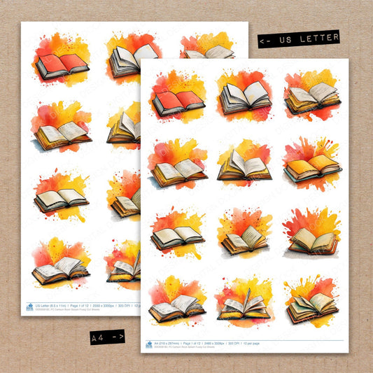A4 and US Letter format comparison showing Cartoon Book Splash fussy cut pages for print and cut crafting