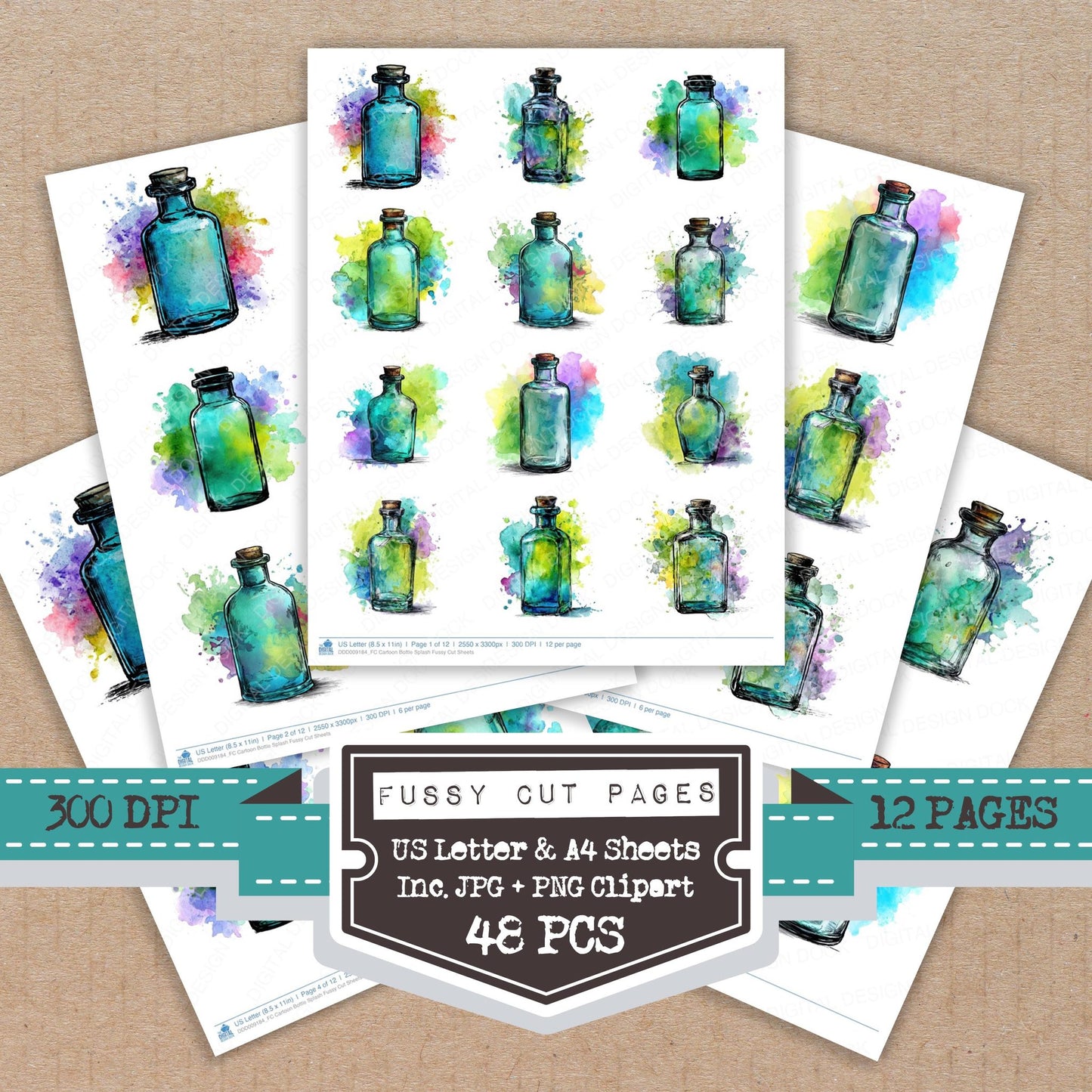 Cartoon Bottle Splash fussy cut printable sheets for junk journaling, scrapbooking, and paper craft projects