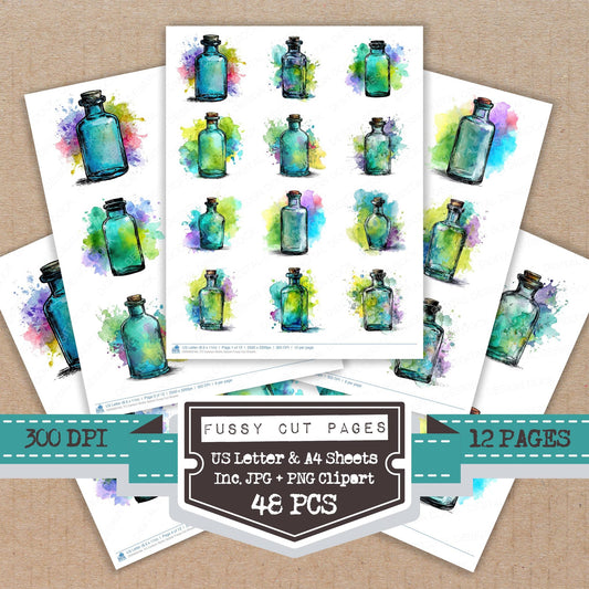 Cartoon Bottle Splash fussy cut printable sheets for junk journaling, scrapbooking, and paper craft projects