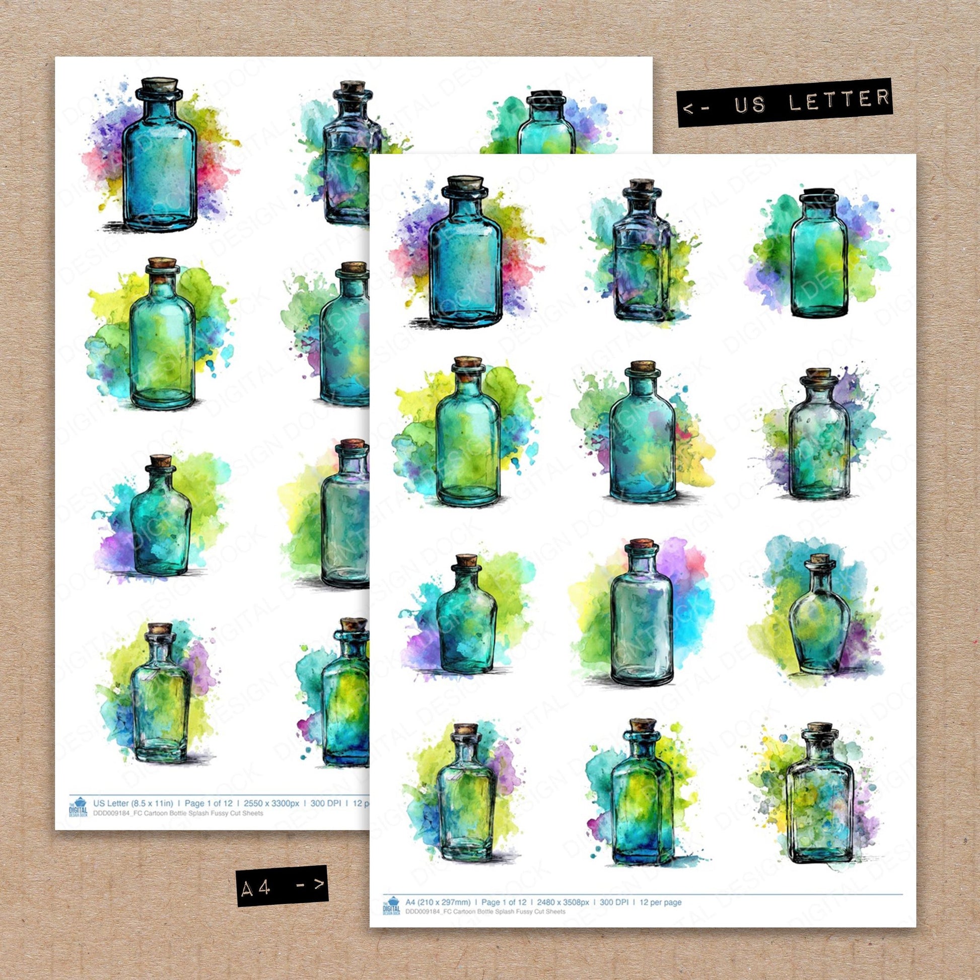 A4 and US Letter format comparison showing Cartoon Bottle Splash fussy cut pages for print and cut crafting