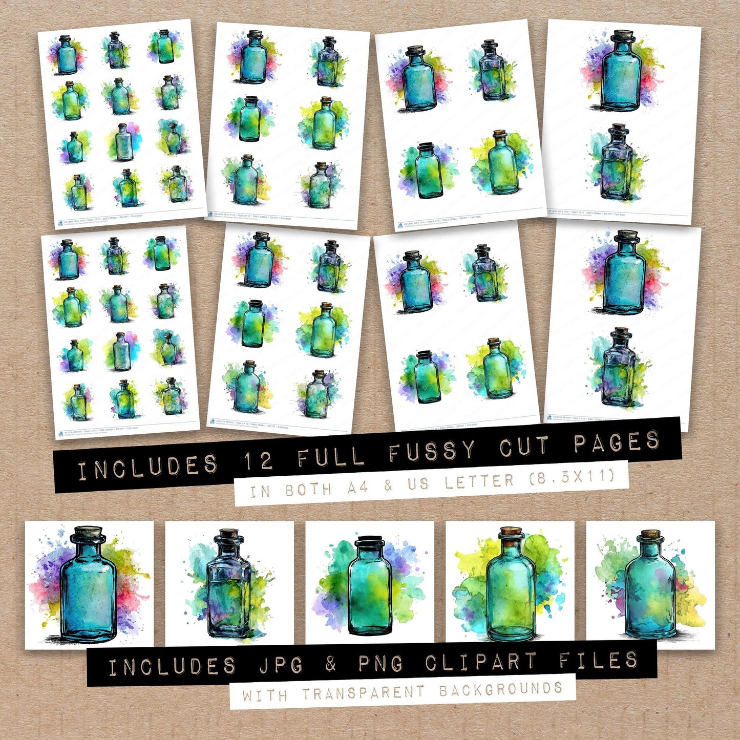 Full collection view of Cartoon Bottle Splash fussy cut sheets with bonus clipart JPG and PNG files