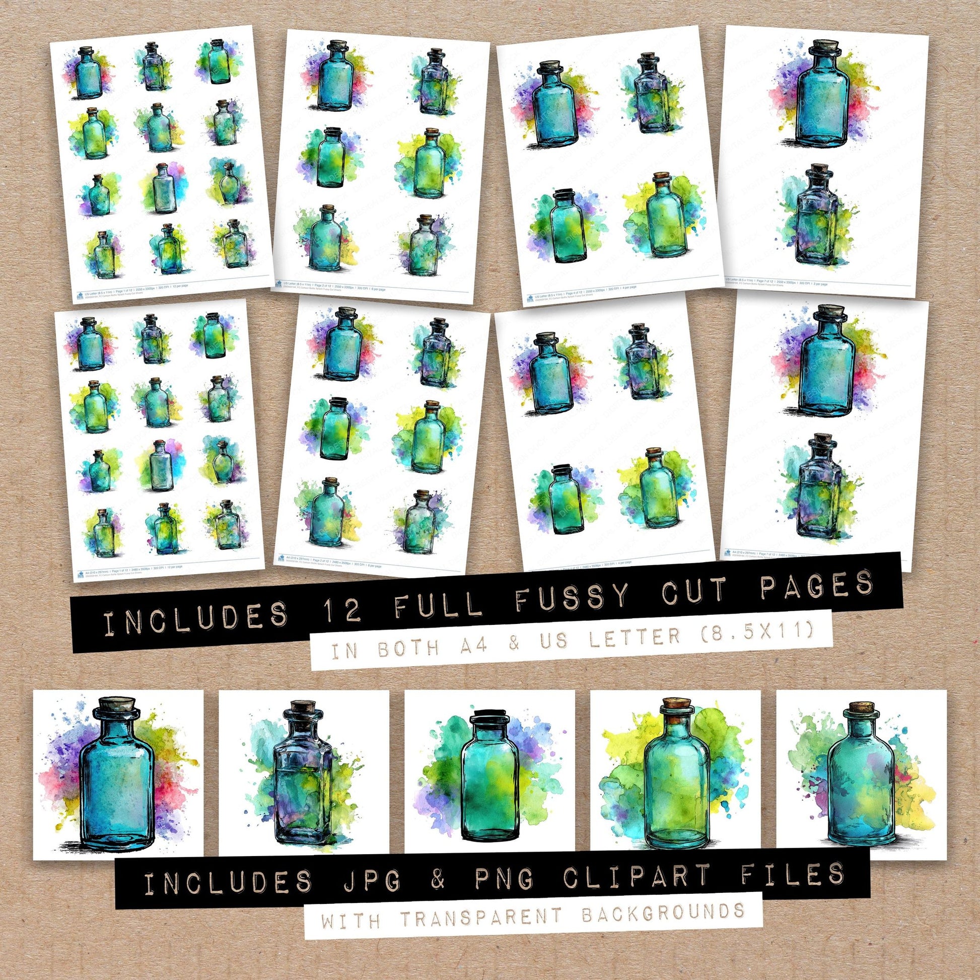 Full collection view of Cartoon Bottle Splash fussy cut sheets with bonus clipart JPG and PNG files