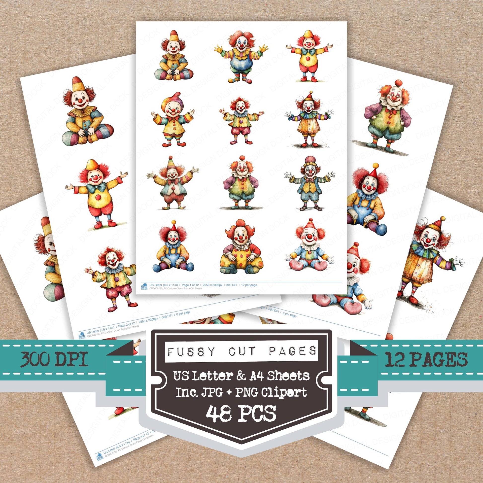 Cartoon Clown fussy cut printable sheets for junk journaling, scrapbooking, and paper craft projects