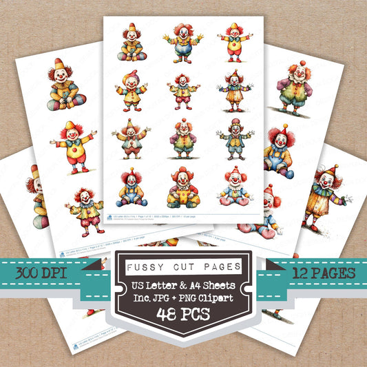 Cartoon Clown fussy cut printable sheets for junk journaling, scrapbooking, and paper craft projects
