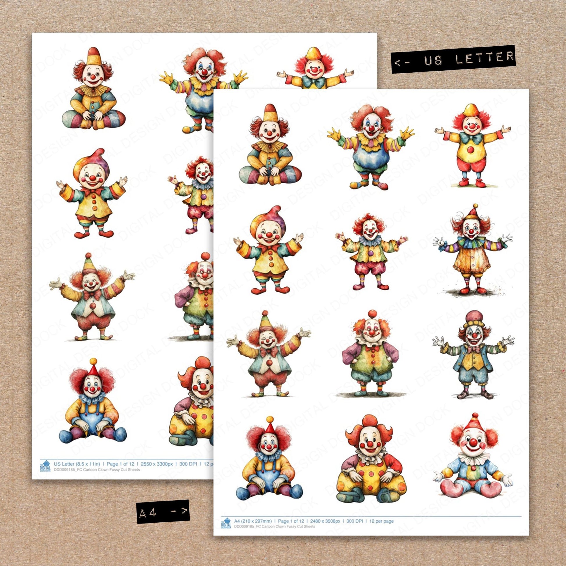 A4 and US Letter format comparison showing Cartoon Clown fussy cut pages for print and cut crafting