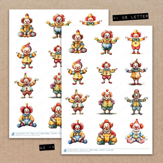 A4 and US Letter format comparison showing Cartoon Clown fussy cut pages for print and cut crafting