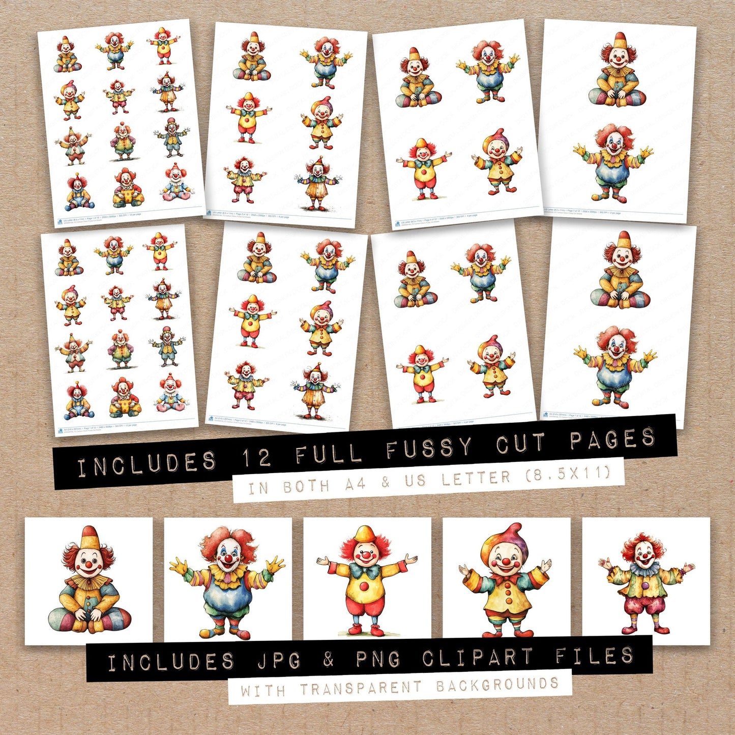 Full collection view of Cartoon Clown fussy cut sheets with bonus clipart JPG and PNG files