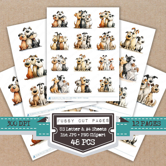 Cartoon Dog Friends fussy cut printable sheets for junk journaling, scrapbooking, and paper craft projects