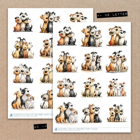 A4 and US Letter format comparison showing Cartoon Dog Friends fussy cut pages for print and cut crafting