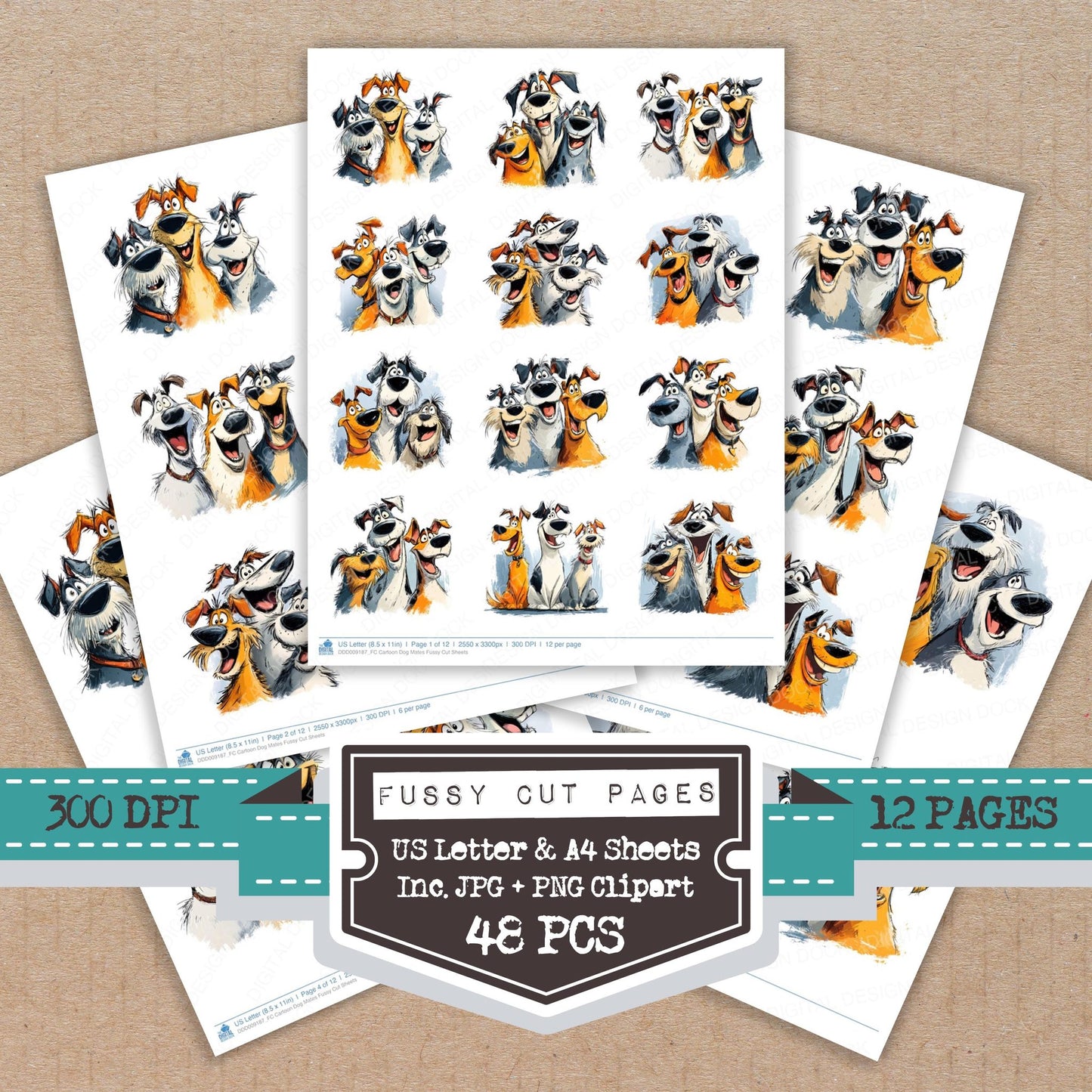Cartoon Dog Mates fussy cut printable sheets for junk journaling, scrapbooking, and paper craft projects