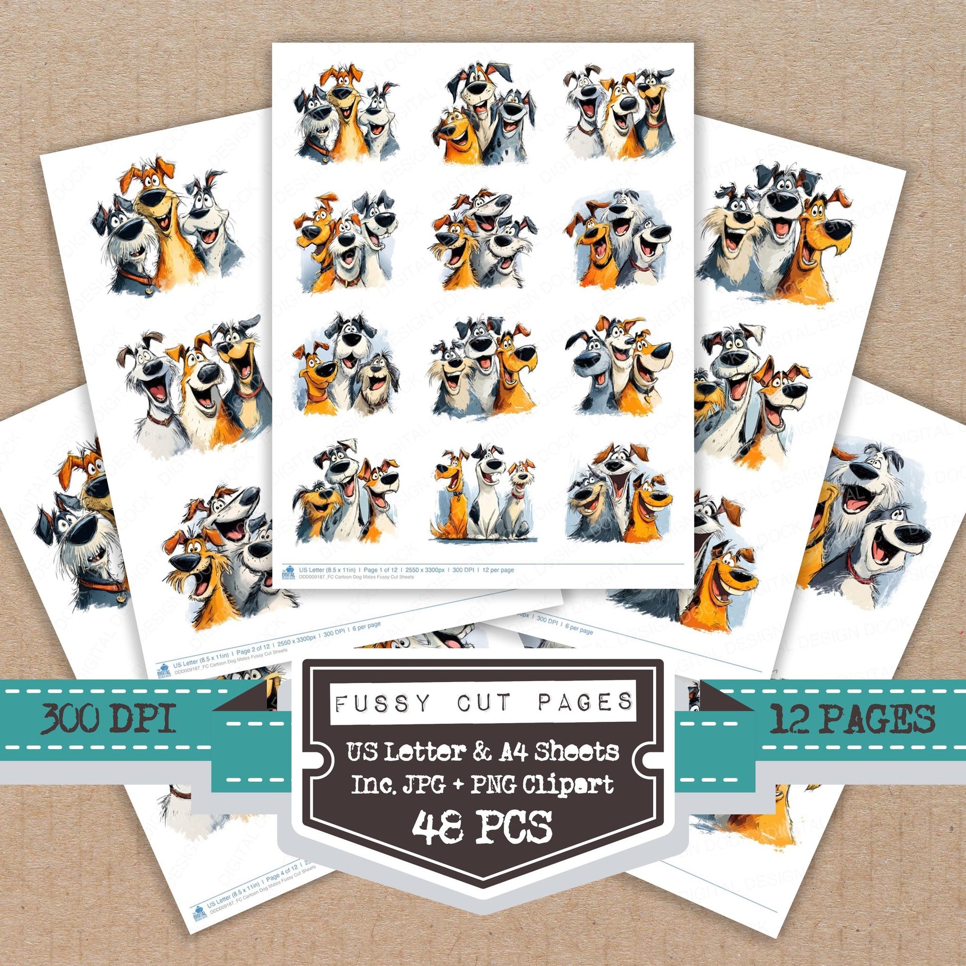 Cartoon Dog Mates fussy cut printable sheets for junk journaling, scrapbooking, and paper craft projects