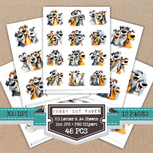 Cartoon Dog Mates fussy cut printable sheets for junk journaling, scrapbooking, and paper craft projects