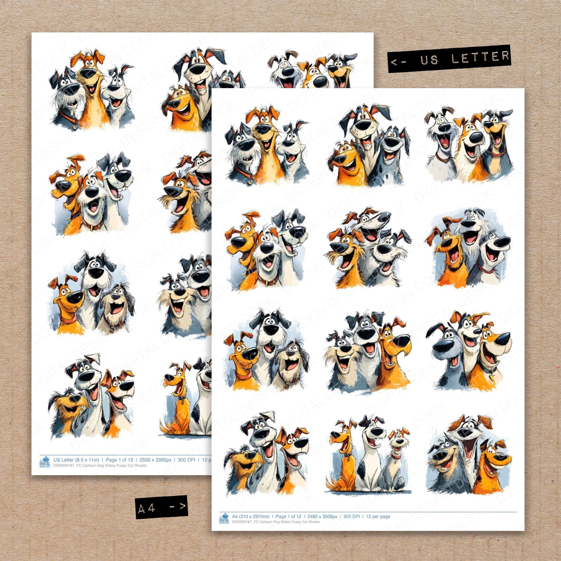 A4 and US Letter format comparison showing Cartoon Dog Mates fussy cut pages for print and cut crafting