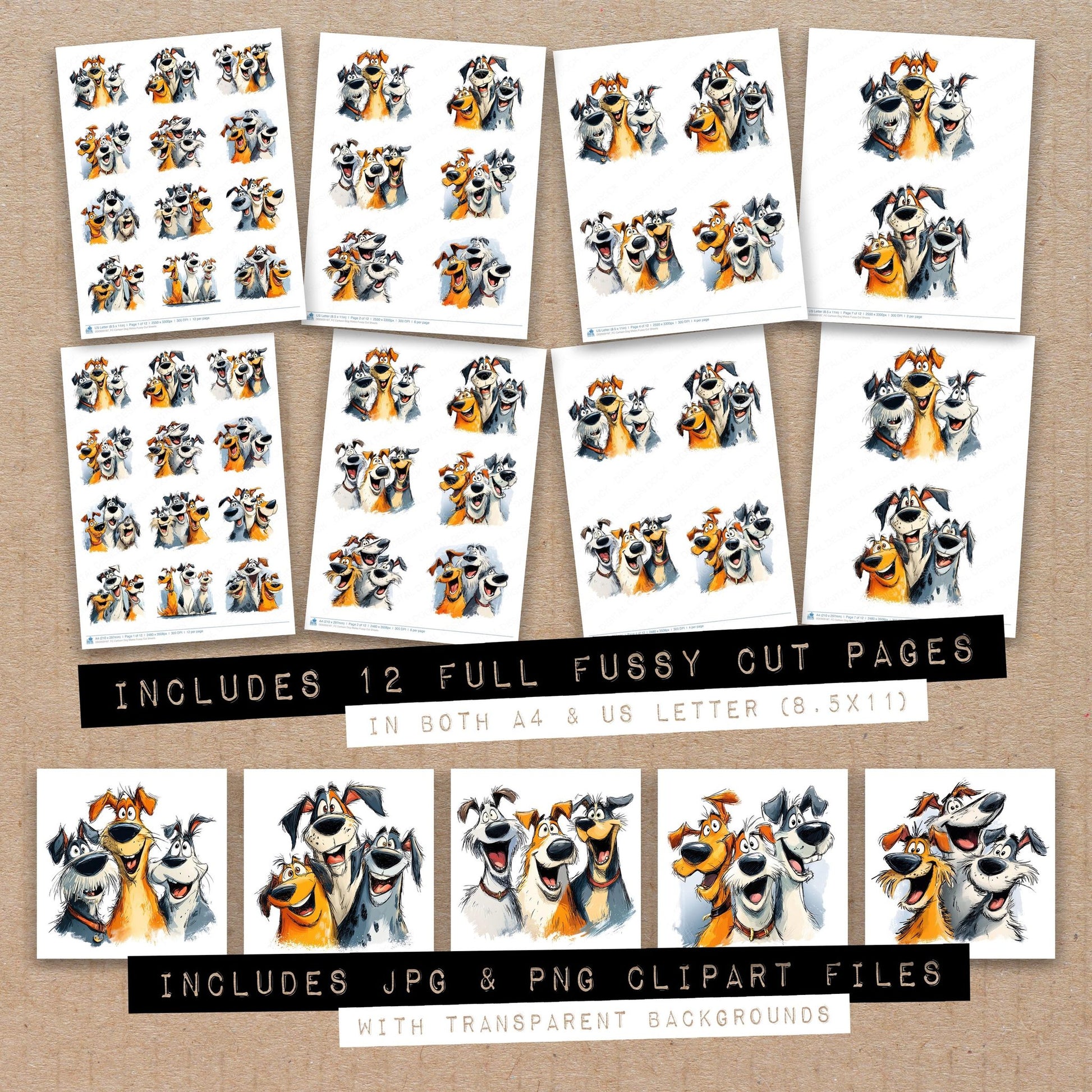 Full collection view of Cartoon Dog Mates fussy cut sheets with bonus clipart JPG and PNG files