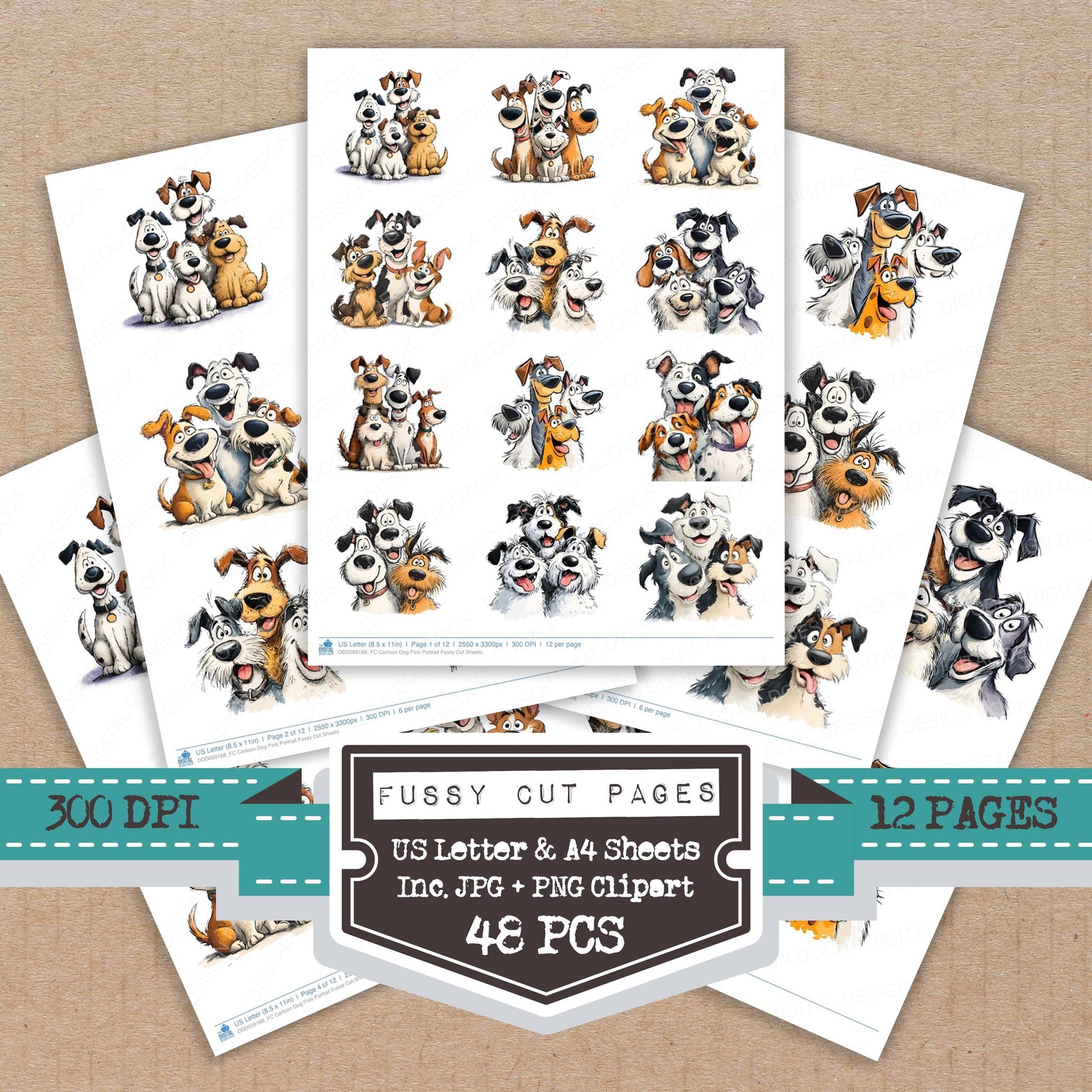 Cartoon Dog Pals Portrait fussy cut printable sheets for junk journaling, scrapbooking, and paper craft projects