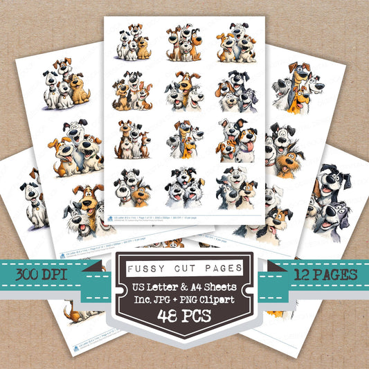 Cartoon Dog Pals Portrait fussy cut printable sheets for junk journaling, scrapbooking, and paper craft projects