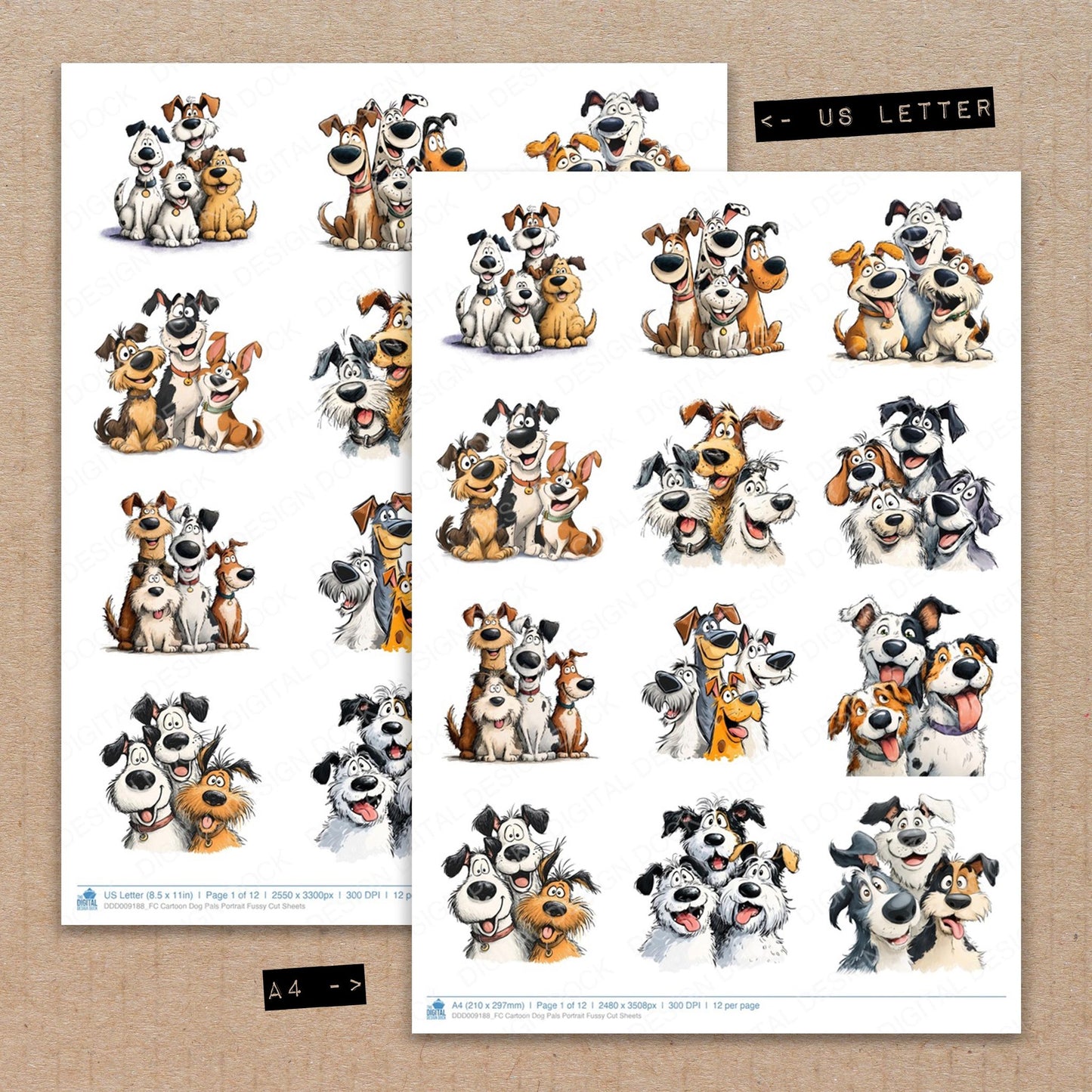 A4 and US Letter format comparison showing Cartoon Dog Pals Portrait fussy cut pages for print and cut crafting