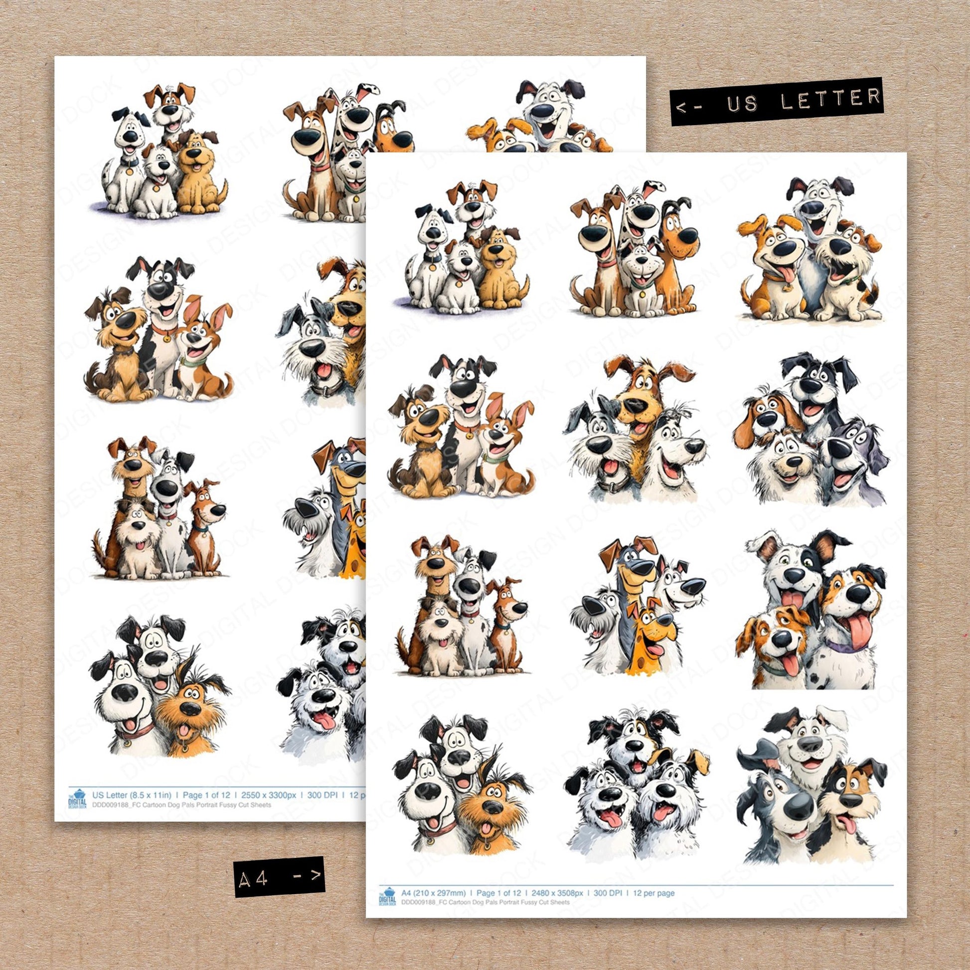 A4 and US Letter format comparison showing Cartoon Dog Pals Portrait fussy cut pages for print and cut crafting
