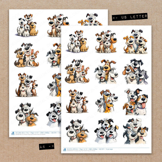 A4 and US Letter format comparison showing Cartoon Dog Pals Portrait fussy cut pages for print and cut crafting