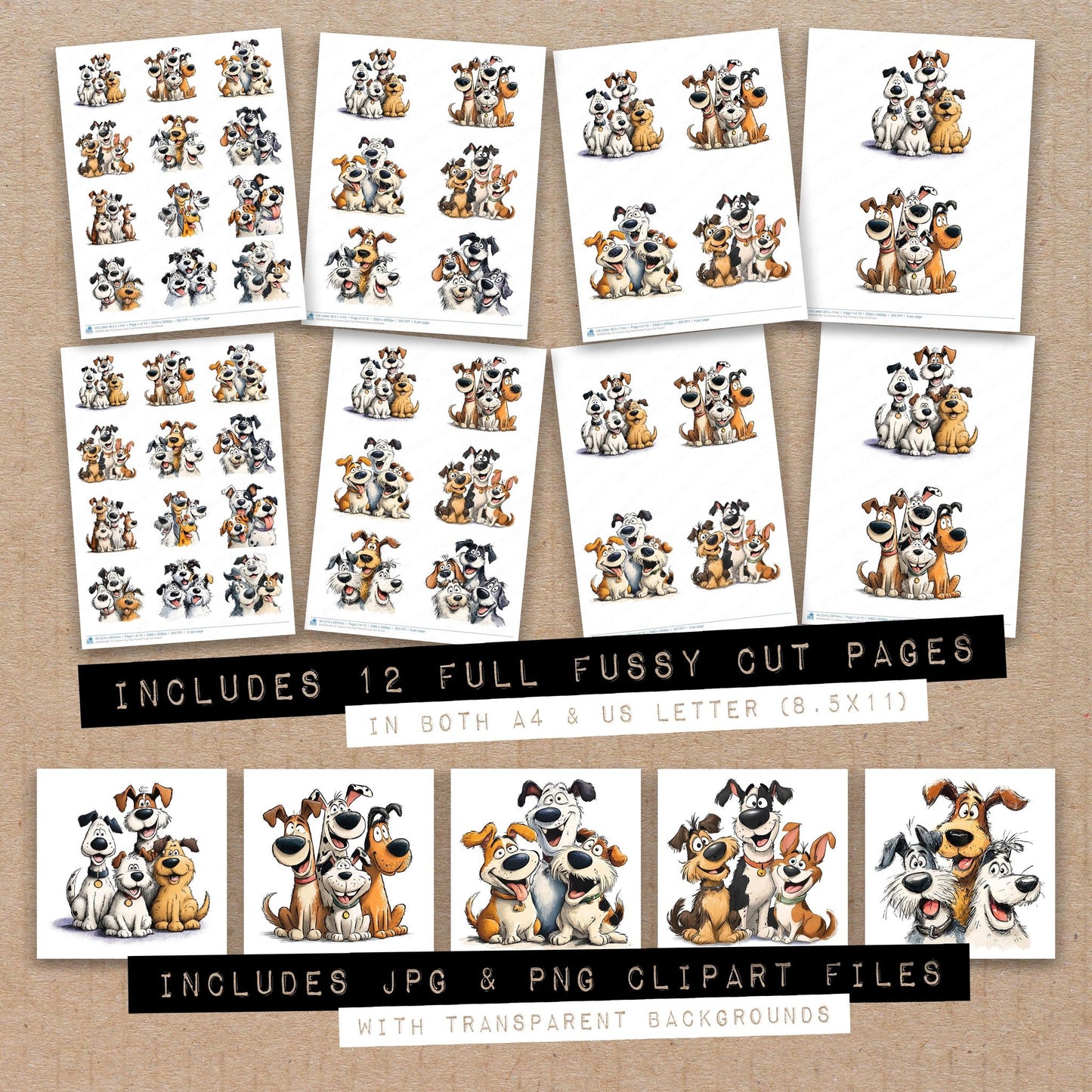 Full collection view of Cartoon Dog Pals Portrait fussy cut sheets with bonus clipart JPG and PNG files