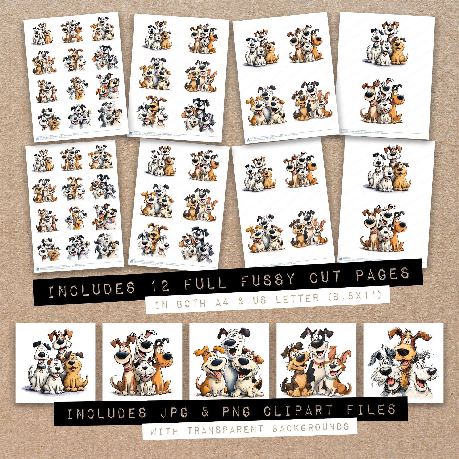 Full collection view of Cartoon Dog Pals Portrait fussy cut sheets with bonus clipart JPG and PNG files
