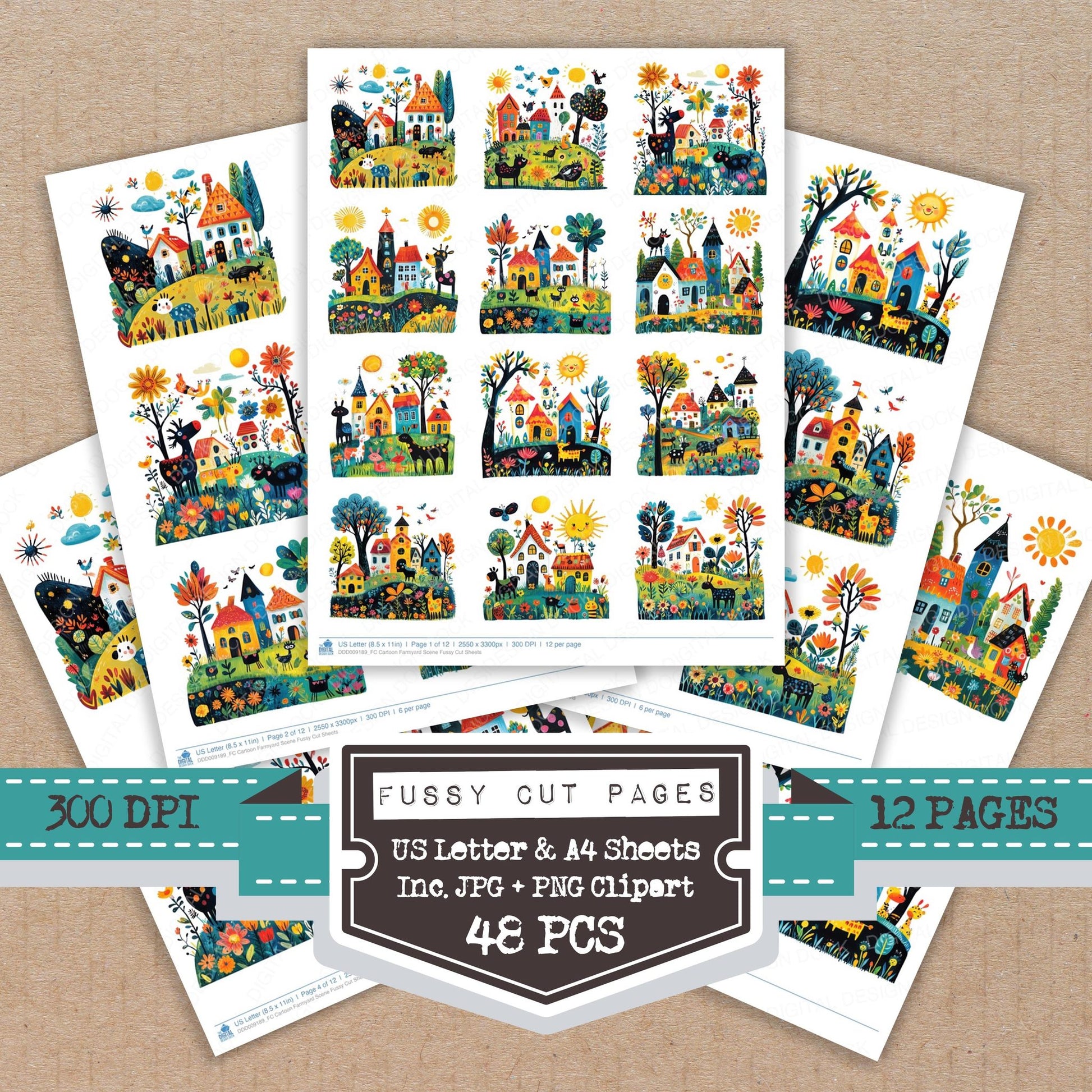 Cartoon Farmyard Scene fussy cut printable sheets for junk journaling, scrapbooking, and paper craft projects