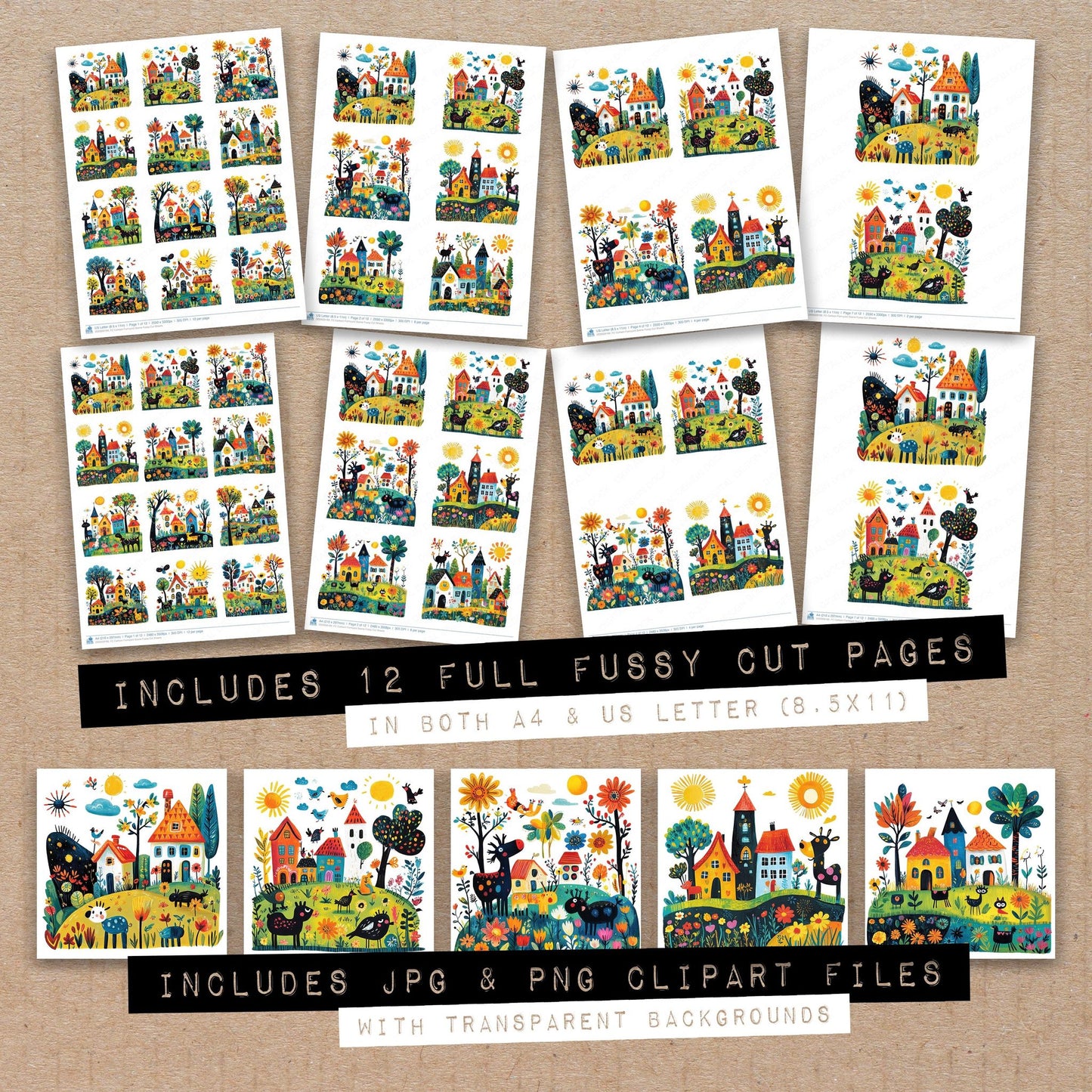 Full collection view of Cartoon Farmyard Scene fussy cut sheets with bonus clipart JPG and PNG files