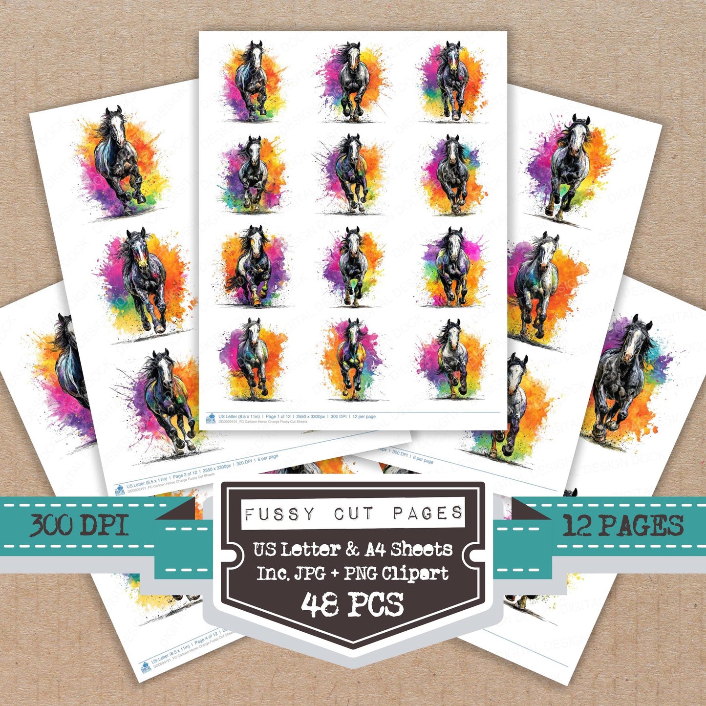 Cartoon Horse Charge fussy cut printable sheets for junk journaling, scrapbooking, and paper craft projects