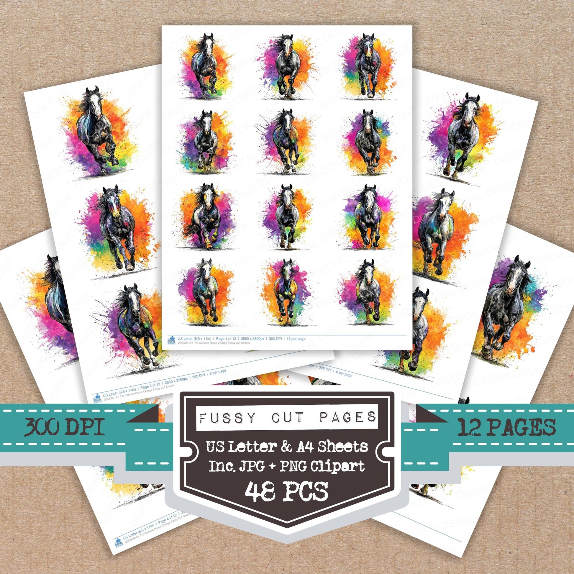 Cartoon Horse Charge fussy cut printable sheets for junk journaling, scrapbooking, and paper craft projects