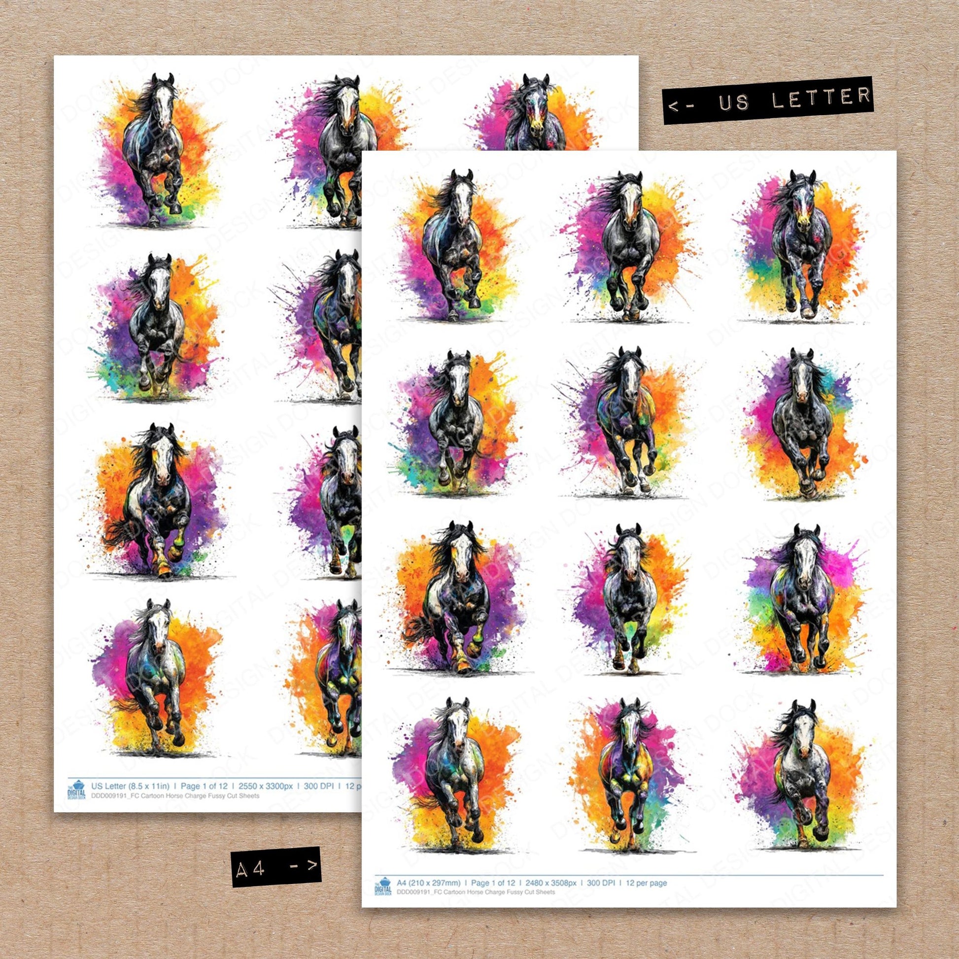 A4 and US Letter format comparison showing Cartoon Horse Charge fussy cut pages for print and cut crafting
