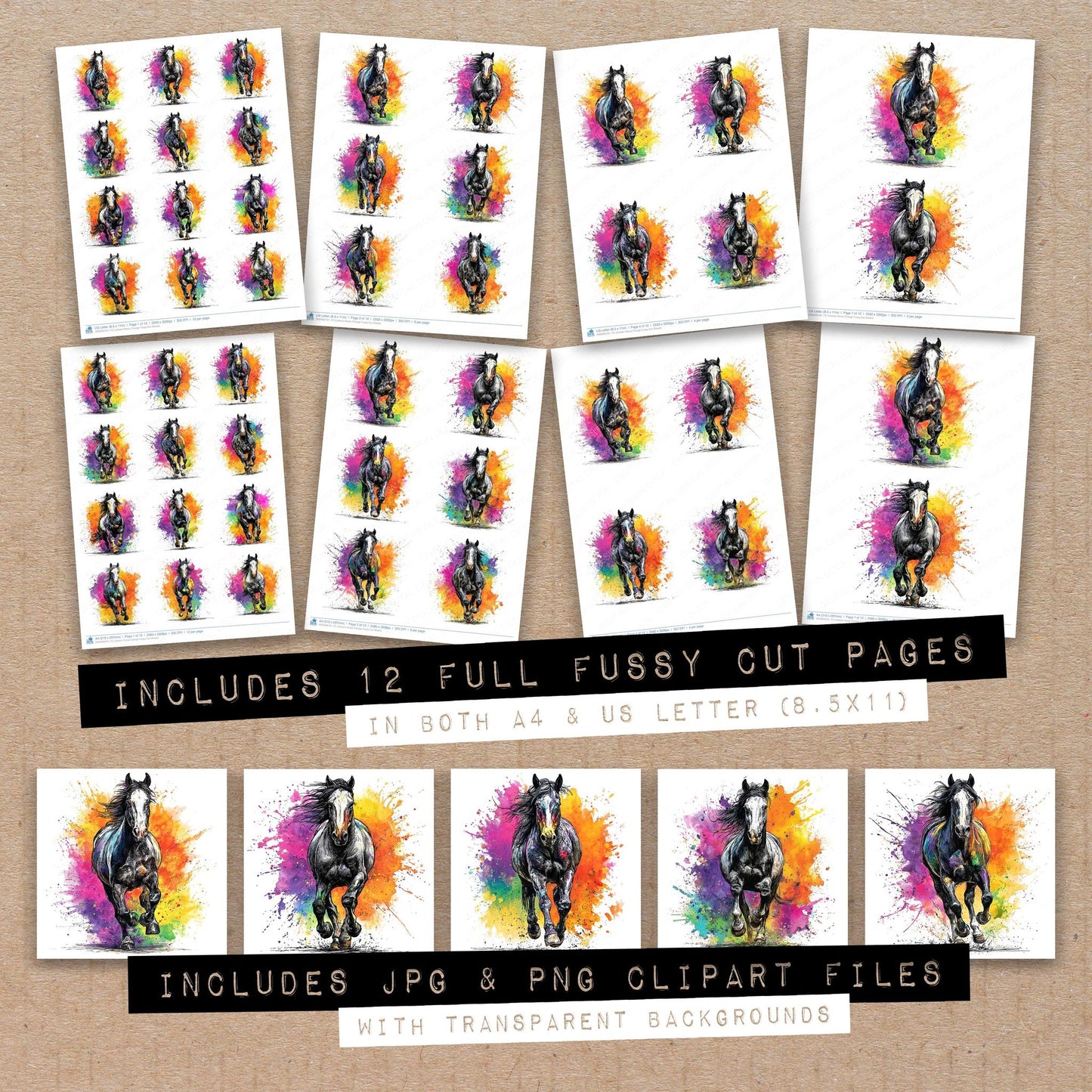Full collection view of Cartoon Horse Charge fussy cut sheets with bonus clipart JPG and PNG files